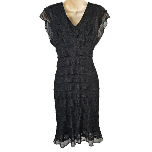 Max Studio Tiered Ruffle Little Black Dress Deep V Neck Flutter Sleeve Womens S - Picture 2 of 9